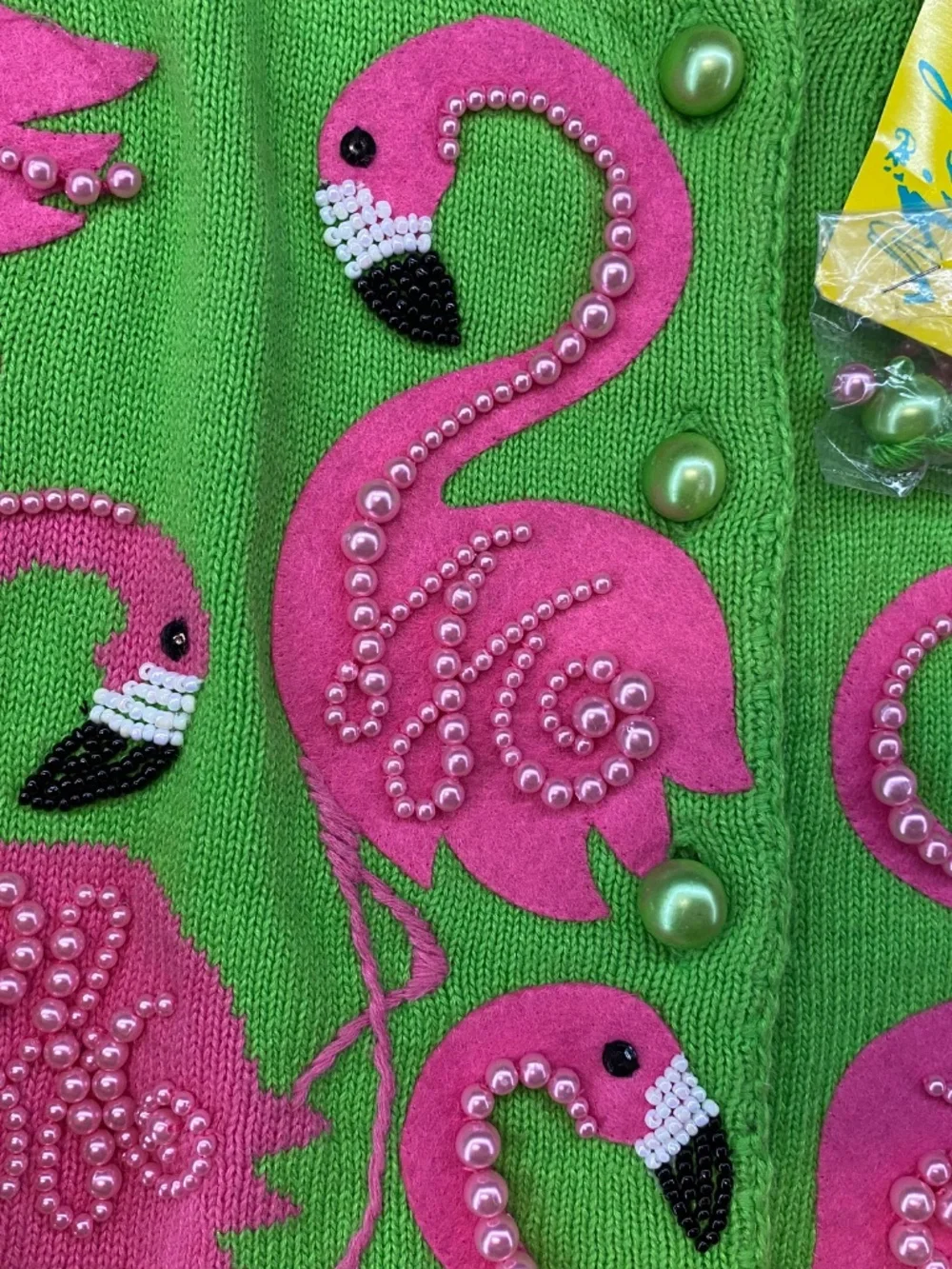 NEW! Vintage Michael Simon Cardigan M • Pink Flamingo • Embellished • 1998 • Art - Picture 6 of 10